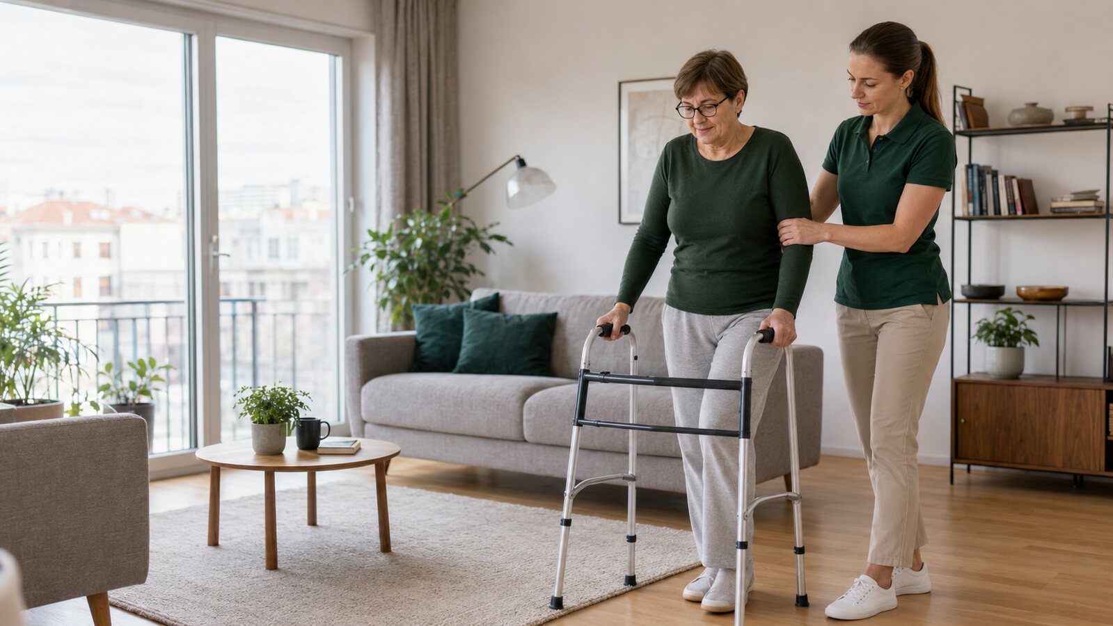 Fizioterapeut pomaže pacijentici pri sigurnom hodu s hodalicom nakon operacije u domu